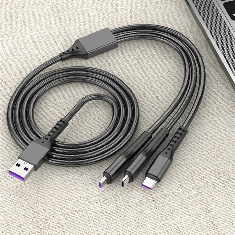

3 in 1 6A 66W fish silk braid pure copper wire core car smartphone power bank universal quick charging cable for iphone android