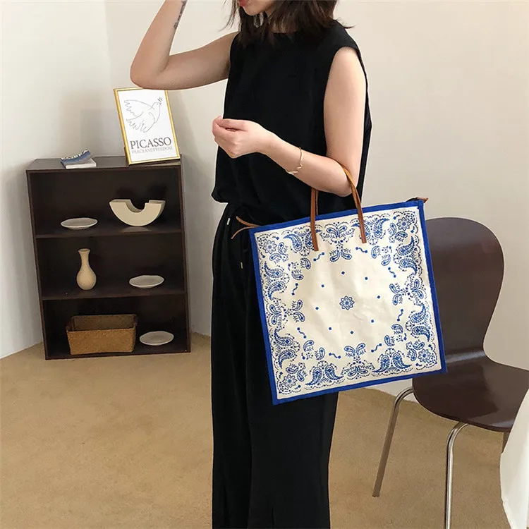 Fashion korean style printed shopping hand bags canvas tote bag wholesale