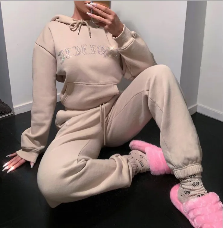 

Fitness Gym Women Solid Two Piece Outfits Tracksuit Sexy Printed Fitness Hoodies Long Pants Sportswear with Pocket, Creamy white, pink, blue, black