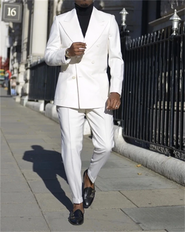 

Costume Homme Marriage White Wide Peaked Lapel Men Suits Wedding Prom Terno Masculino Slim Fit Groom Blazer 2 Pcs (Jacket+Pants), Custom made