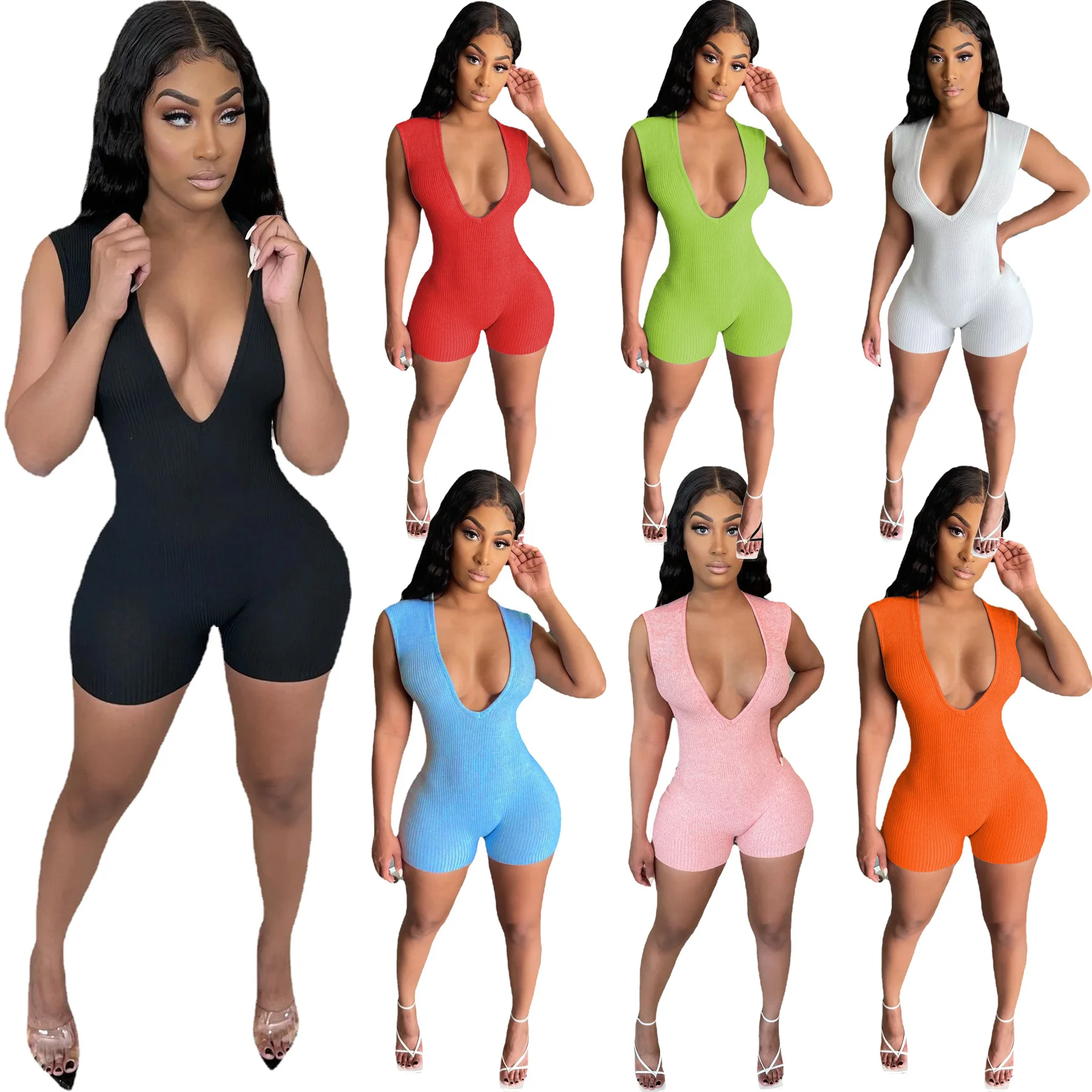 

2021 New Arrivals Leisure Wholesale V neck One Piece Bodycon Women Solid Short Sleeves shorts home Jumpsuit