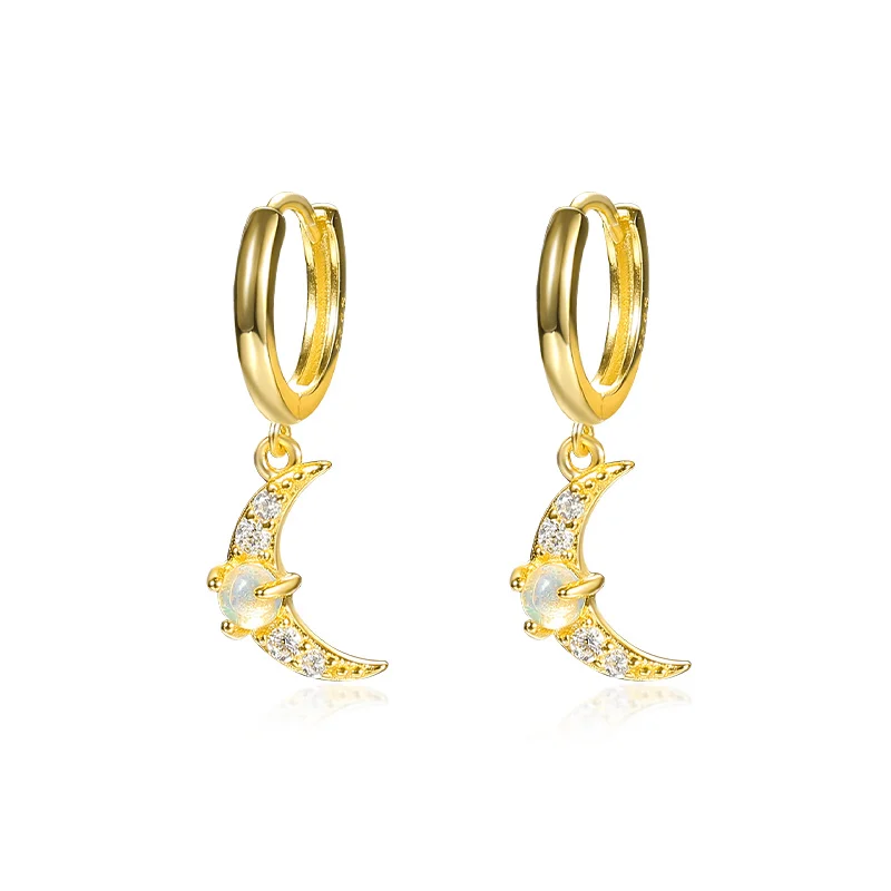 

Hot Sell 925 Sterling Silver 18K Gold Plated Moon Shape Zircon Opal Setting 1Pcs Drop Dangle Hoop Earrings