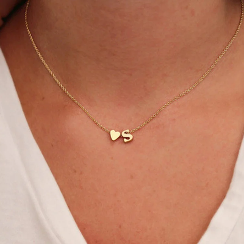 

Summer Fashion Tiny Heart Dainty Initial Choker Gold Silver Color Letter Name Necklace For Women Pendant Jewelry Gift, Picture