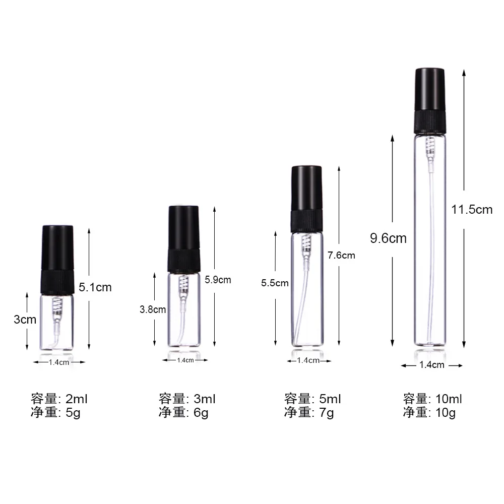 Wholesale 2ml 3ml 5ml 10ml MINI Empty Spray Refillable Parfum Tester Travel Glass Sample Perfume Bottle With Screw Cap
