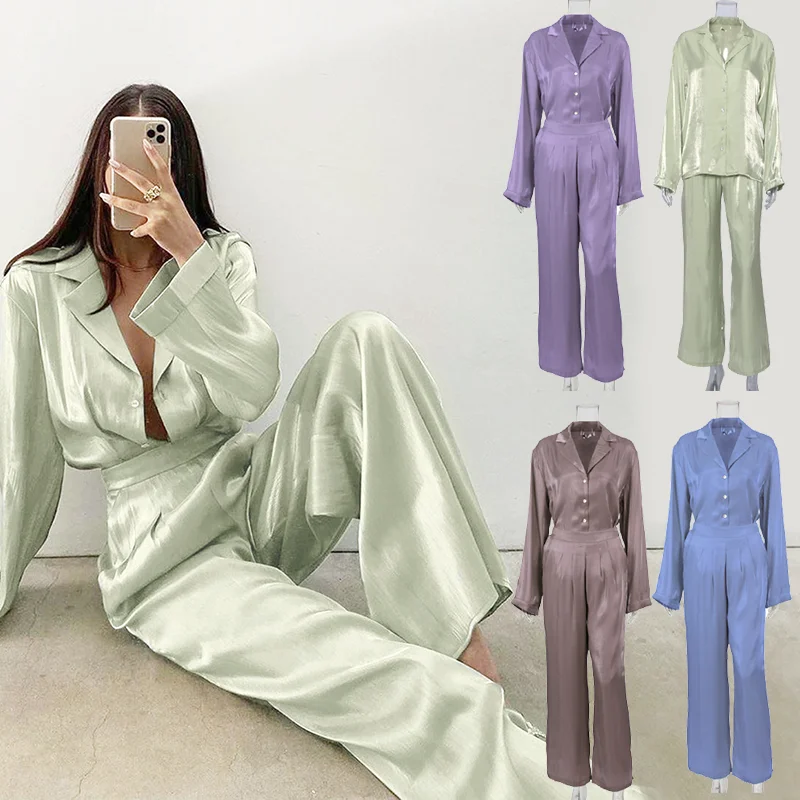 

Wholesale Customize 100 Sexy Long Sleeve Pants Women Plus Size Silk Pajama Suits Cami Lounge Satin Sleepwear Set, Many different colors, contact with us