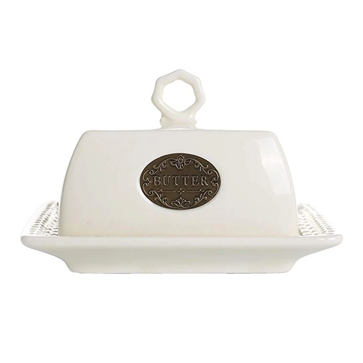 
custom logo color glazed porcelain ceramic butter keeper with lid 