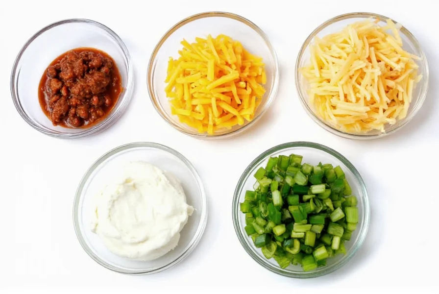 Various chili toppings including sour cream, cheese, and green onions