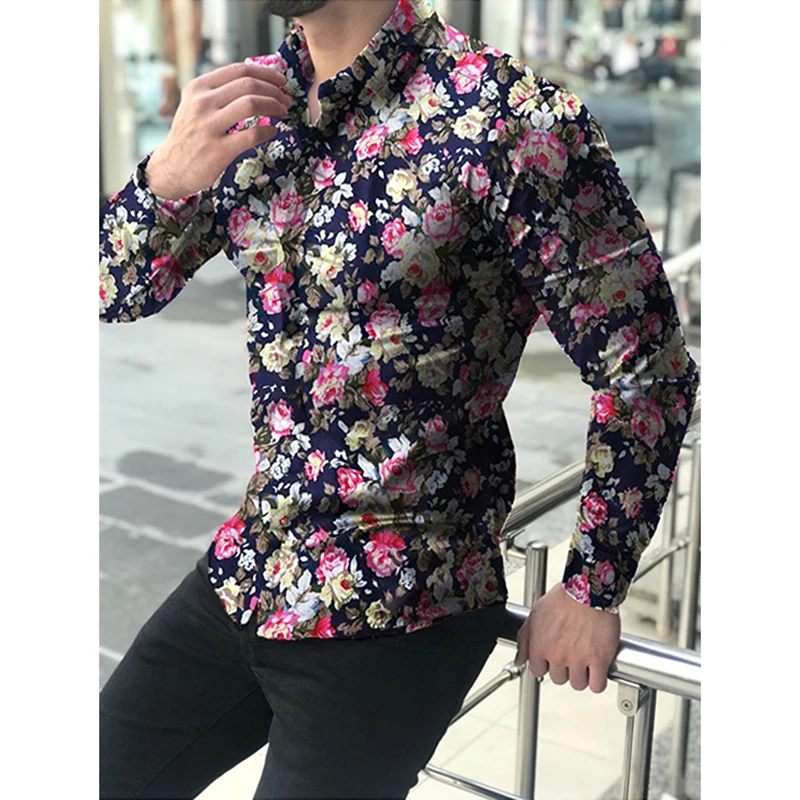 

Men Casual Long Sleeve Europe Style Slim Fit Cotton Floral Hawaiian Shirts, Custom color