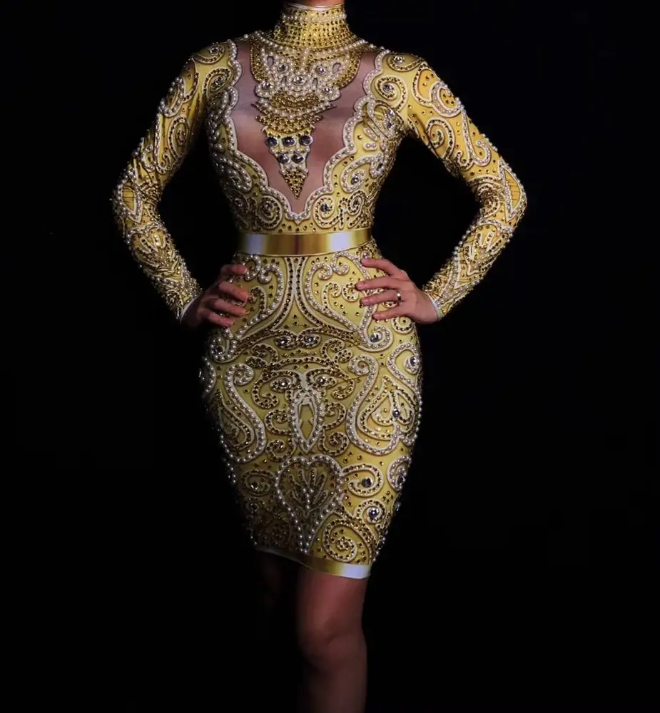 

2019 New Style Rhinestones Pearls Dress Long Sleeves Women Club Dresses Birthday Celebrate Evening Wear Dress