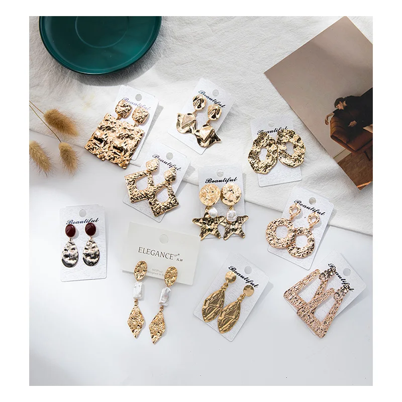 

Geometric Baroque Irregular Gold Metal Matte Leaf Hollow Square Circle Exaggerate Big Stud Earrings for Women Beach Party