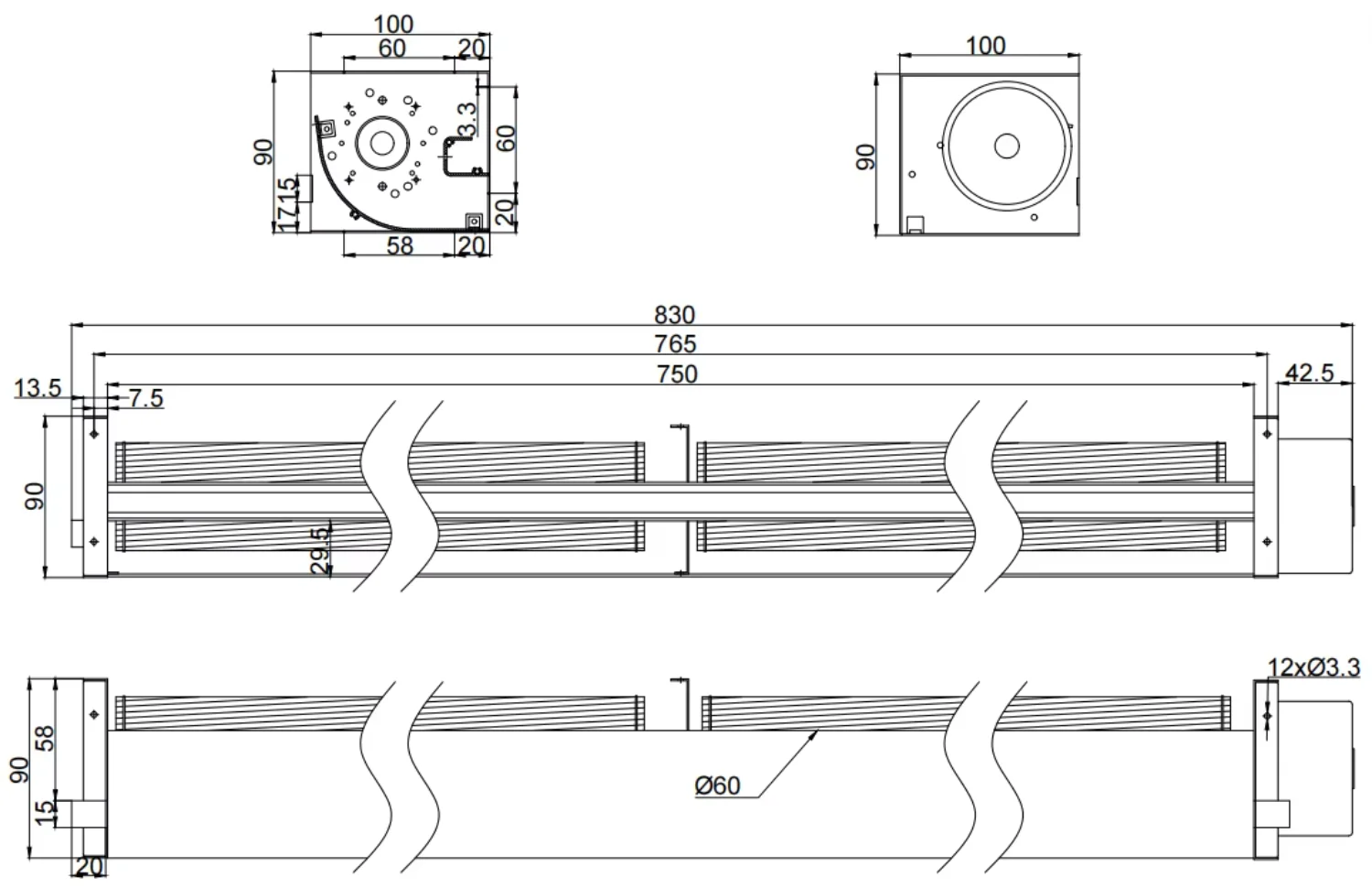 Cross Flow Blower, 276CFM, 90X100X830mm - detail 12