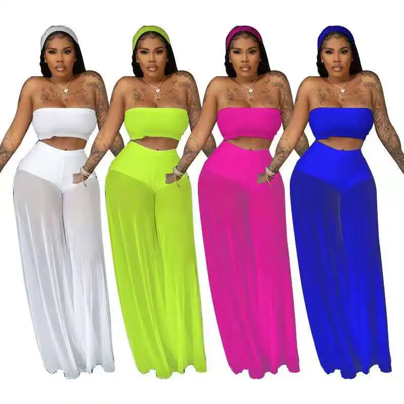 

Plus Size Summer 2 Piece Set Women Club Clothing Sexy Solid Crop Top Mesh Two Piece Set Women, All 4 colors