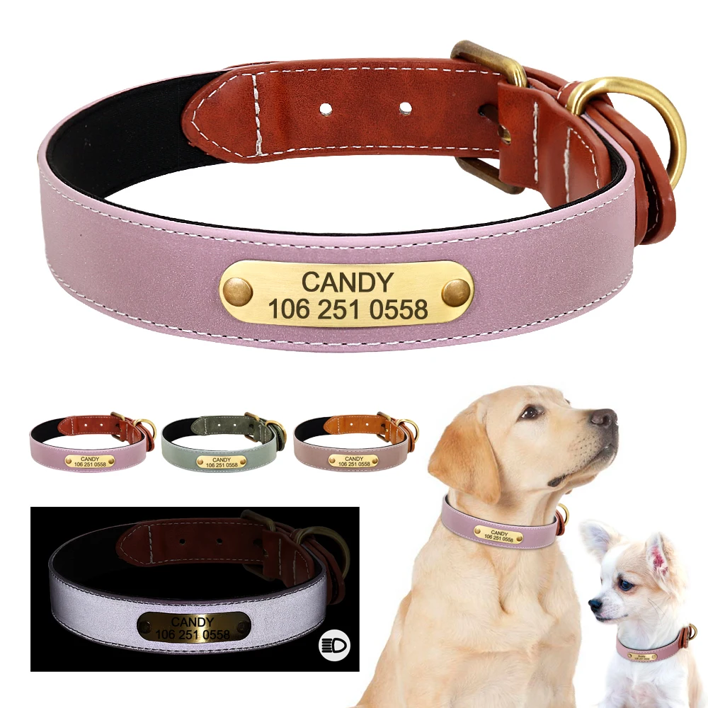 

Engraved Dog Cat Collar Reflective Leather Puppy Collar Custom Dog Cats Collars Personalized for Small Medium Large Dog Bulldog