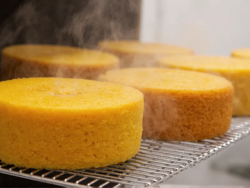 Golden cake layers cooling on wire rack with steam rising
