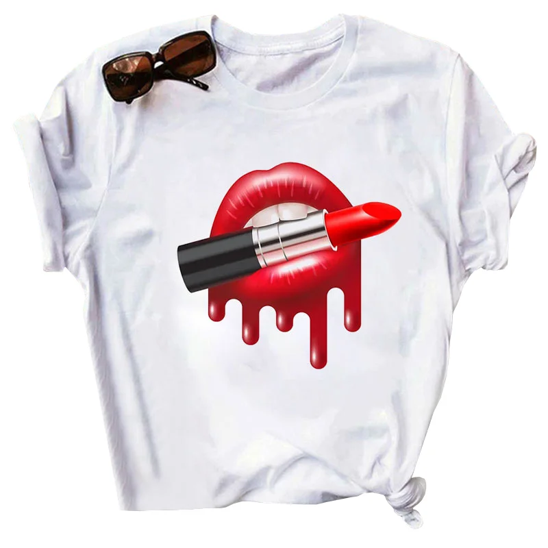 

In stock Short Sleeve t shirt women Red Tongue T-Shirt Summer Cute Print Graphic Tees Tops clothing women t-shirt