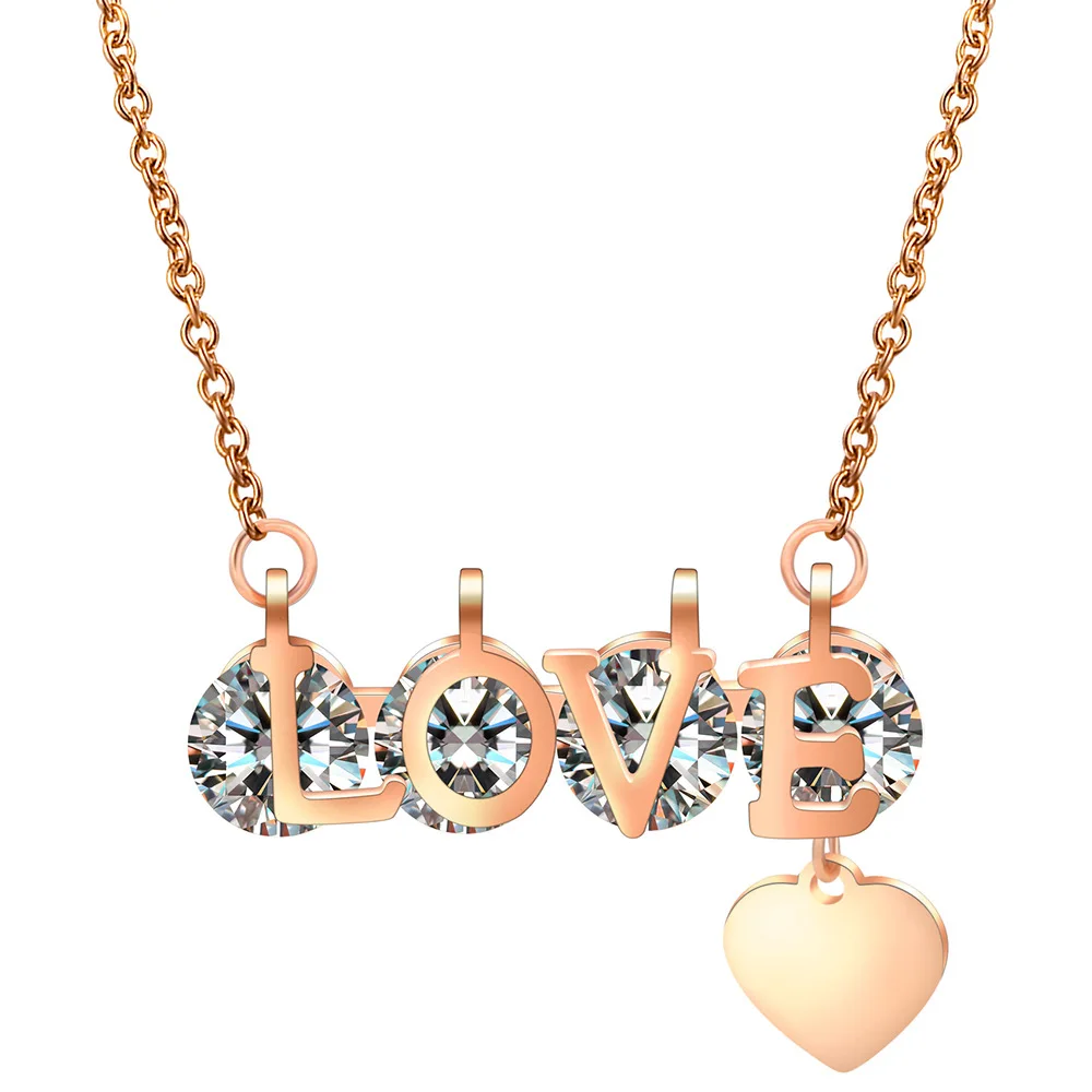 

New Heart Pendant Love Word Crystal Necklace Stainless Steel Custom Name Choker Necklace For Women (SK985), As picture