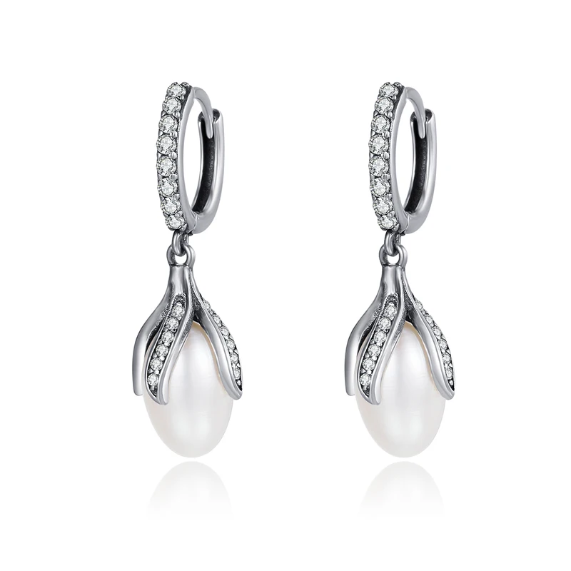

Womens jewelry 925 sterling silver white zircon elegant freshwater pearl-shaped earrings