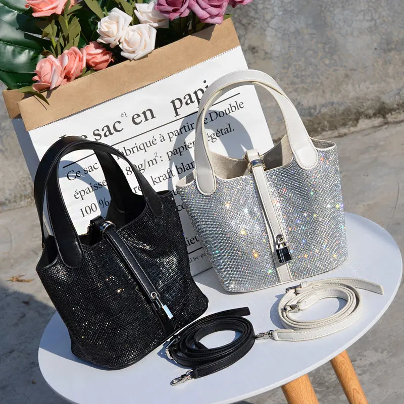 

2021 Fashion Bling Rhinestone Bucket Bag Women Trend Luxury Pu Leather Handbag