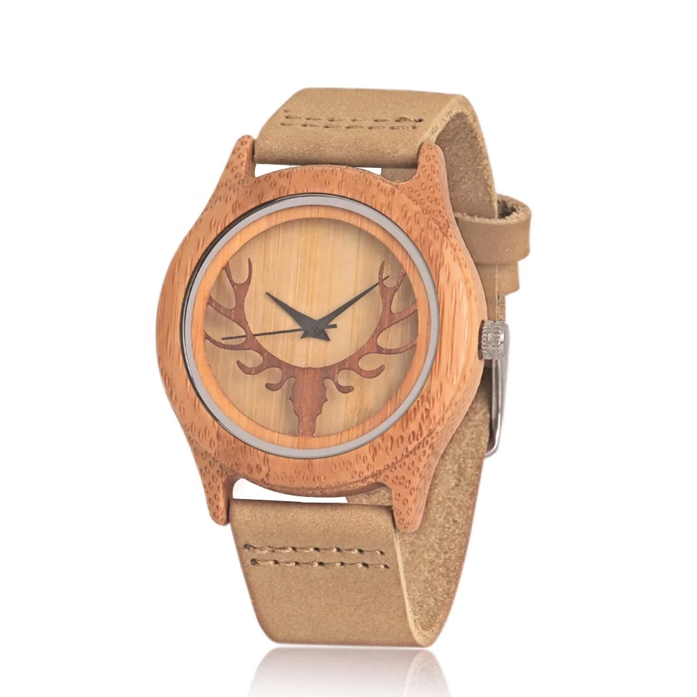 

Wood watch men vintage quartz 2035 movement deer dial 1 piece bamboo wristwatches