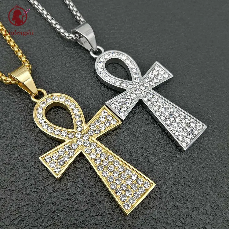 

European Hips Hops Jewelry Ankh Cross Necklace Stainless Steel Inlay Rhinestone Zircon Ankh Cross Pendant Necklace