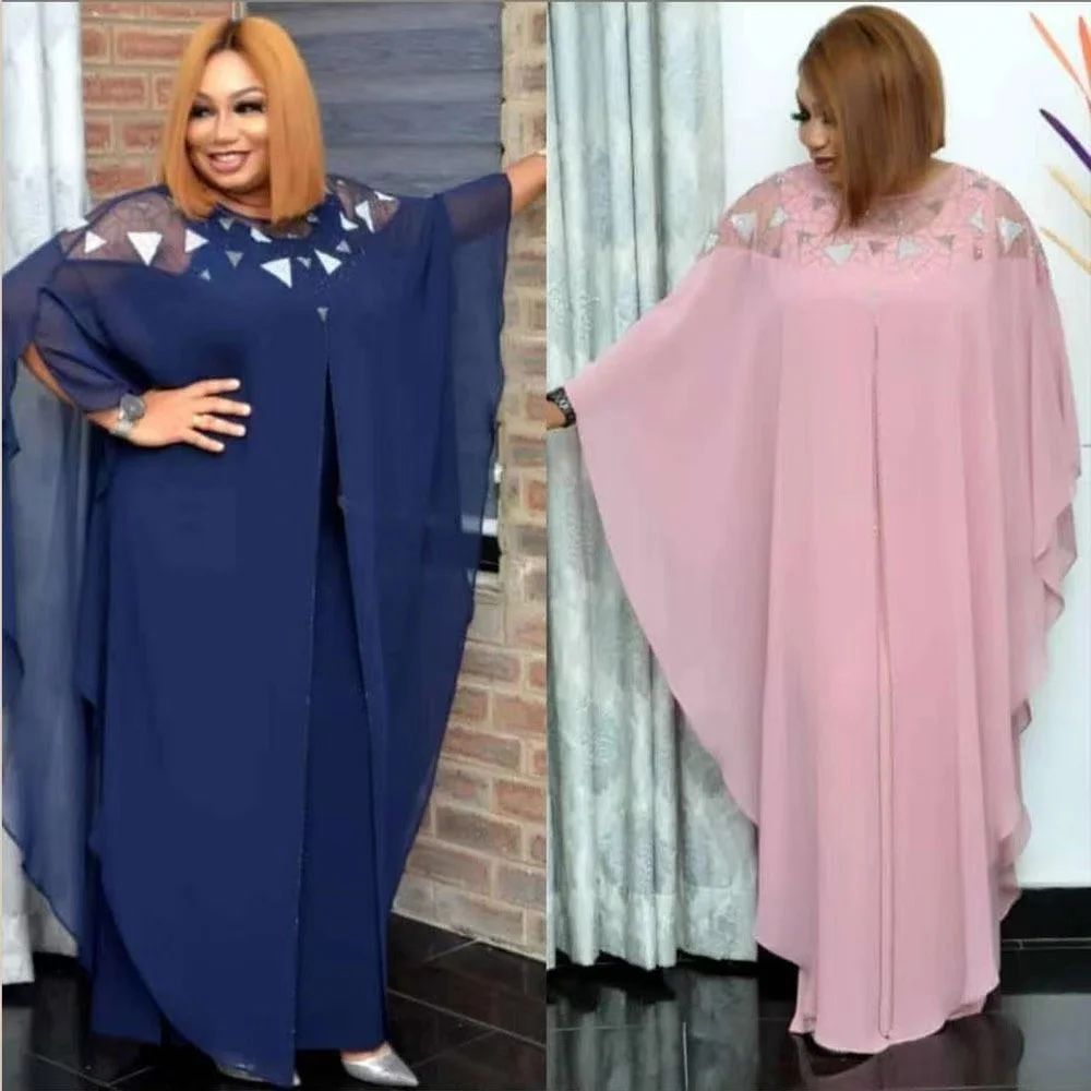 

2021 Muslim & Arab hot sale casual dress fashion batwing sleeve rhinestone arab style women chiffon big swing robe, Pink, blue