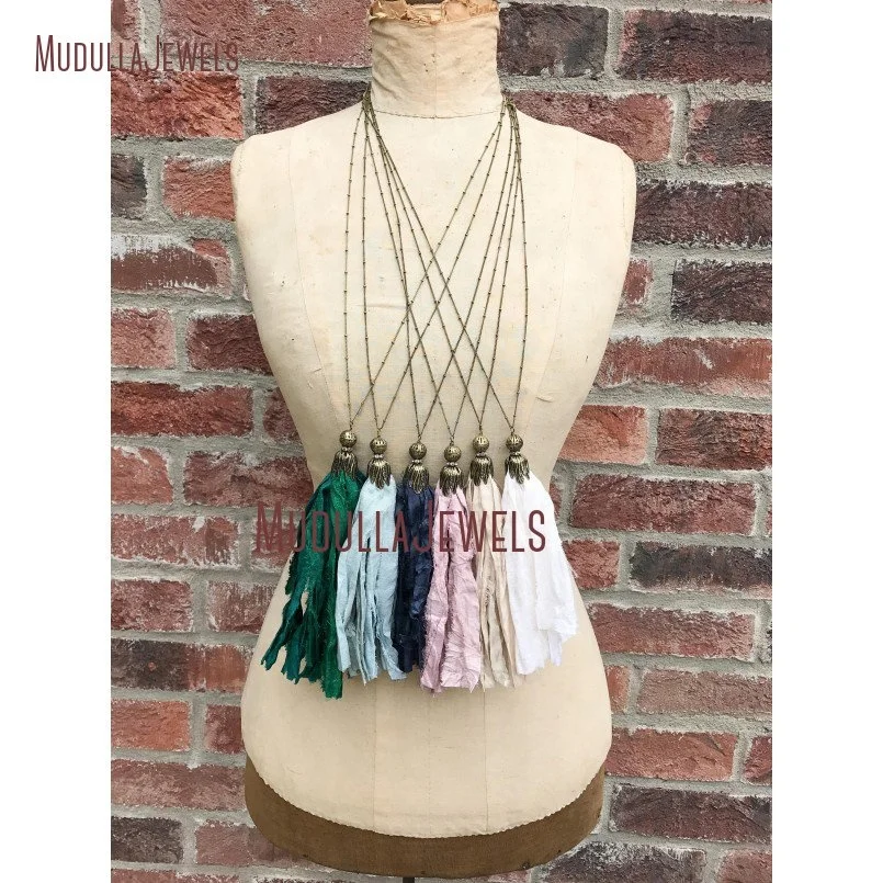 

NM18276 Multicolor Sari Silk Tassel Pendant with Gun Metal Chain Necklace