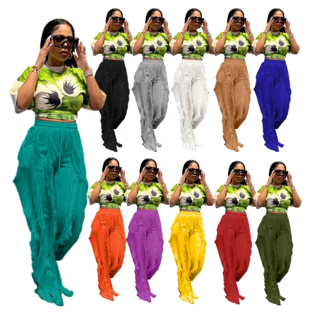 

2022 New Arrival Drawstring Casual Tassel Wide Leg Pants Loose Mop Pants Plus Size Womens Pants & Trousers S 5XL