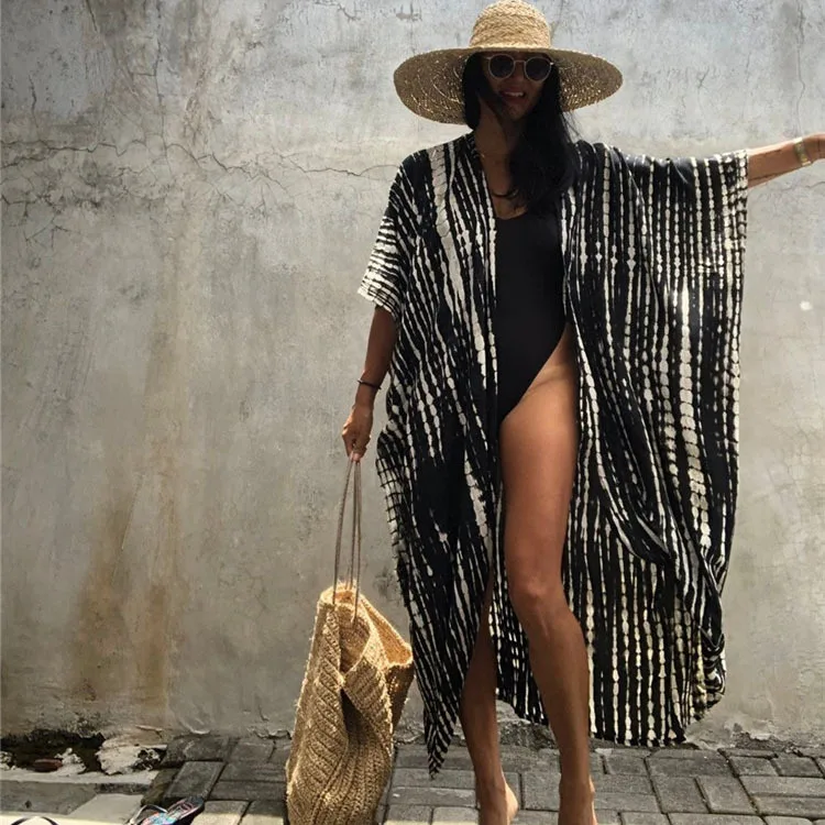 

2022 Bikini Cover-ups Black Retro Striped Self Belted Plus Size WomenSummer Kimono Dress Beach Wear Swim Suit Cover Up