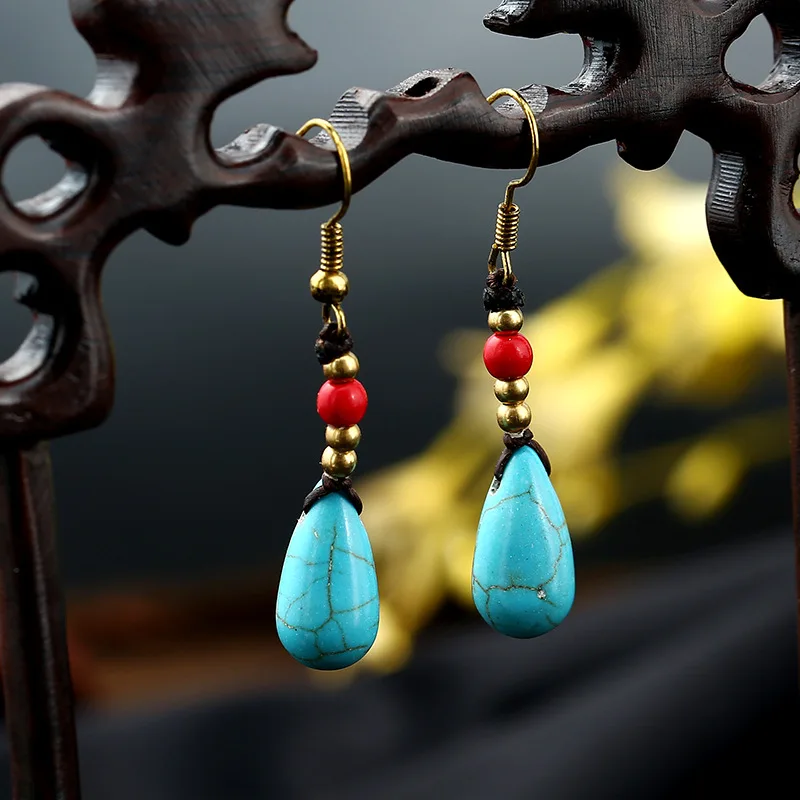 

ES003-67 Boho Jewelry Simple Earrings Vintage Semi-precious Stone Water Drop Pendant Hand Braided Earrings, White,red,blue,random mix