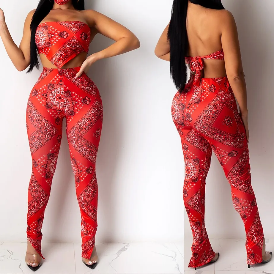 

s0048a 2021 New dress nightclub sexy print strapless strapless band two pieces suit, Pink red black green blue