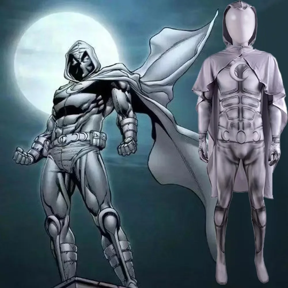 

Superhero Moon Knight Costume Marc Spector Movie Cosplay Halloween Jumpsuit Bodysuit for Children and Men, As show