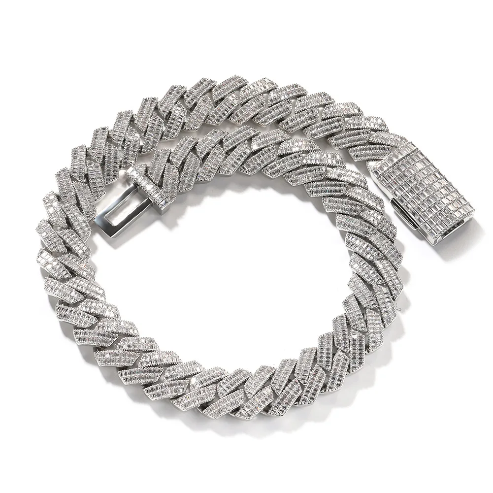 Hip Hop 20MM 2 Row Heavy Cuban Prong Chain Iced Out Box Buckle Copper Setting Baguette AAA+ Cubic Zirconia Chain for Men Jewelry