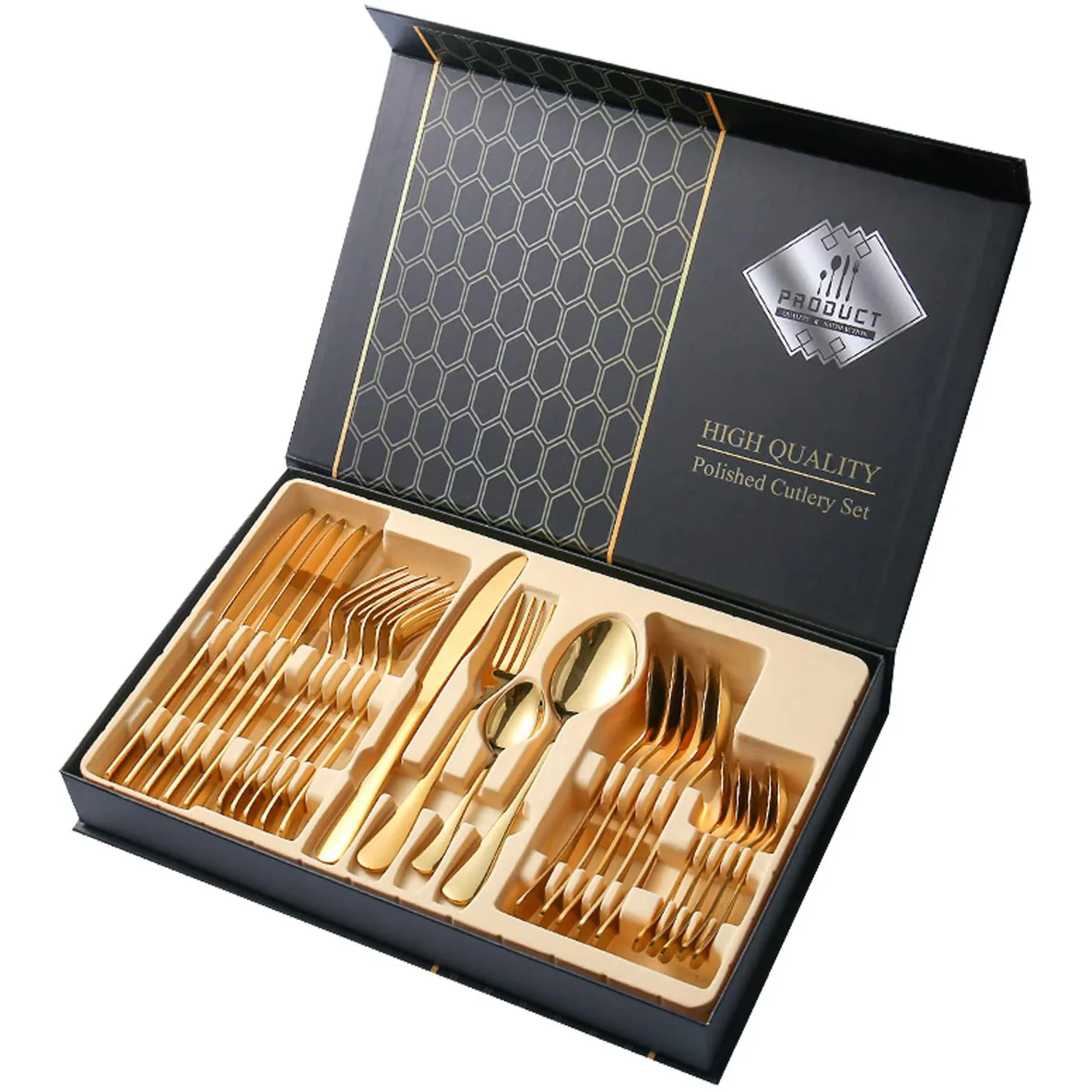 

Hot Sale Amazon Gold Besteck Gift With Box Kitchen Restaurant Mirror Metal Wedding Stainless Steel 24pcs Cutlery set, Silver / gold / rose gold / black / colorful