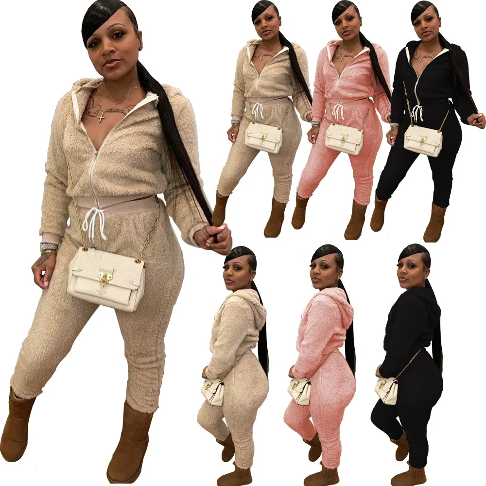 

2021 New Design Two Piece Pants Set Women Clothing Long Sleeve Hoodie Velour Warm Coat Outfits Velvet Lounge Wear, Picture