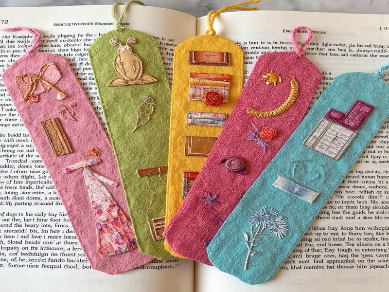 Fabric scrap bookmarks with embroidered literary motifs