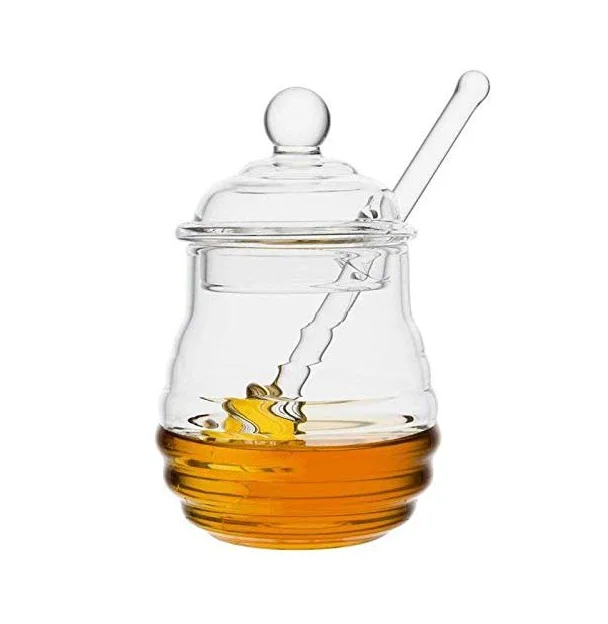 

Transparent glass honey jar with lid Honey Jar with Dipper, Clear, 9 Ounces, Customized