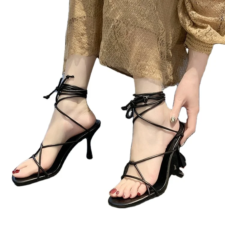 

9CM open toe sandals women's new summer cross straps clip-toe high-heeled stiletto-heeled square toe Roman sandals