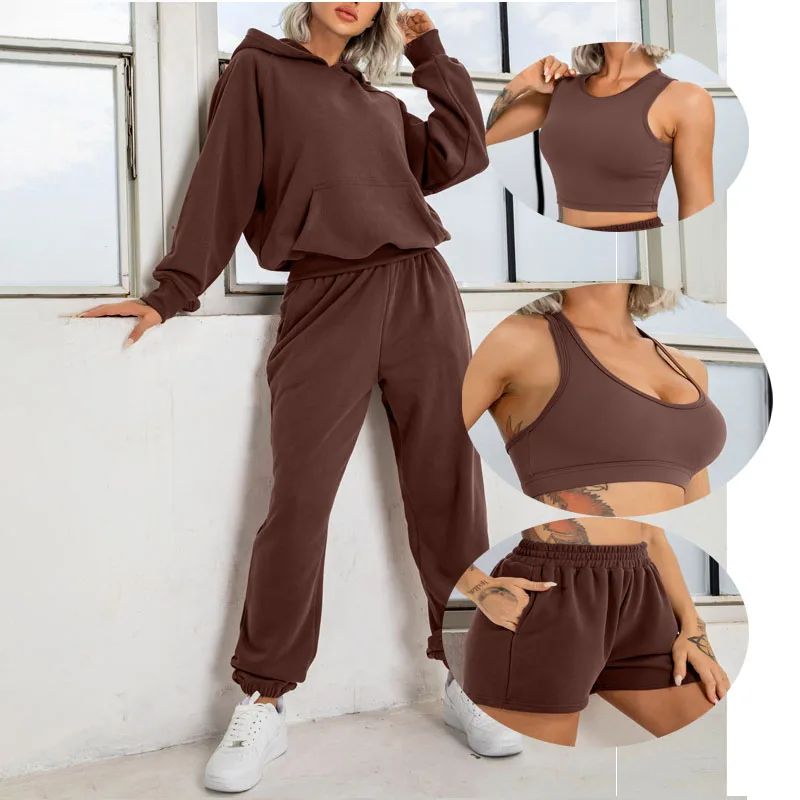 

Workout Jogger 5 Pieces Sets Breathable Comfortable Jogger Sets Women Light Weight Sweatpants Jogger Cropped Sweatshirt Sets, Customized colors