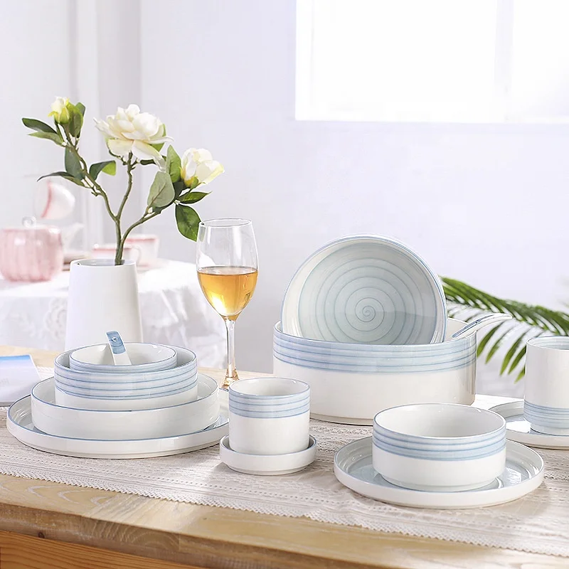 

Camping Plates Tableware Sets Blue Line Porcelain Dinnerware Simple Style Ceramic Plates Sets, White blue color