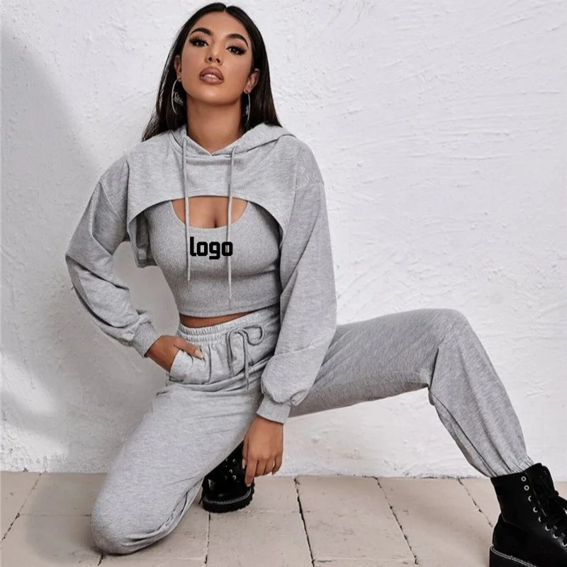 

Autumn Hoodies Sweat Suit Set women 3 piece sets shein women crop top sweatsuit long sleeve sweatshirt Tank vest set D4335, As shown in the picture