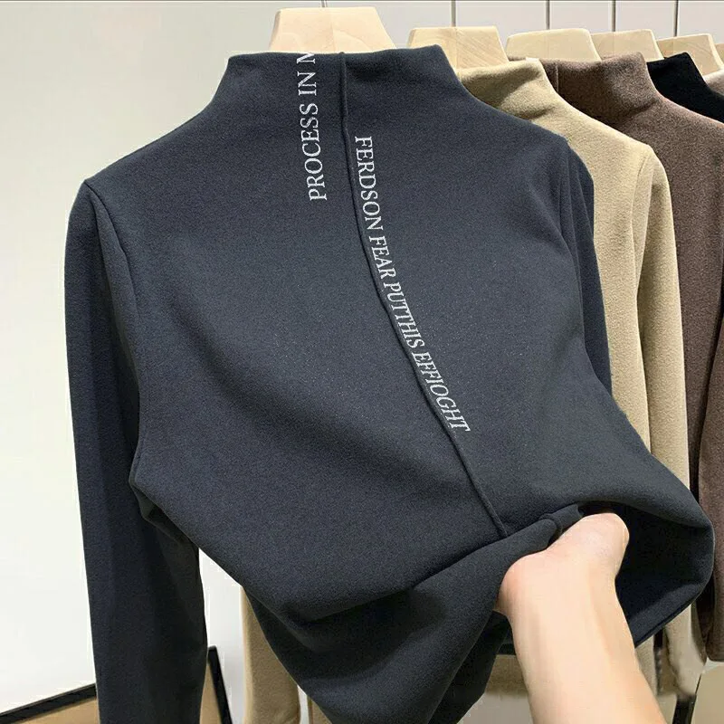 

M--3XL The New Autumn/Winter 2020 Semi-turtleneck Velvet Blouse Printed T-shirt For Ladies Is Fashionable And Warm For Women