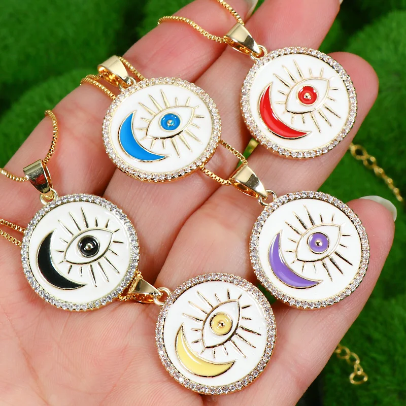 

18k Gold Plating White Driping Oil Round Disc Turkish Eye Pendant Necklace Enamel Moon Evil Eyes Necklace