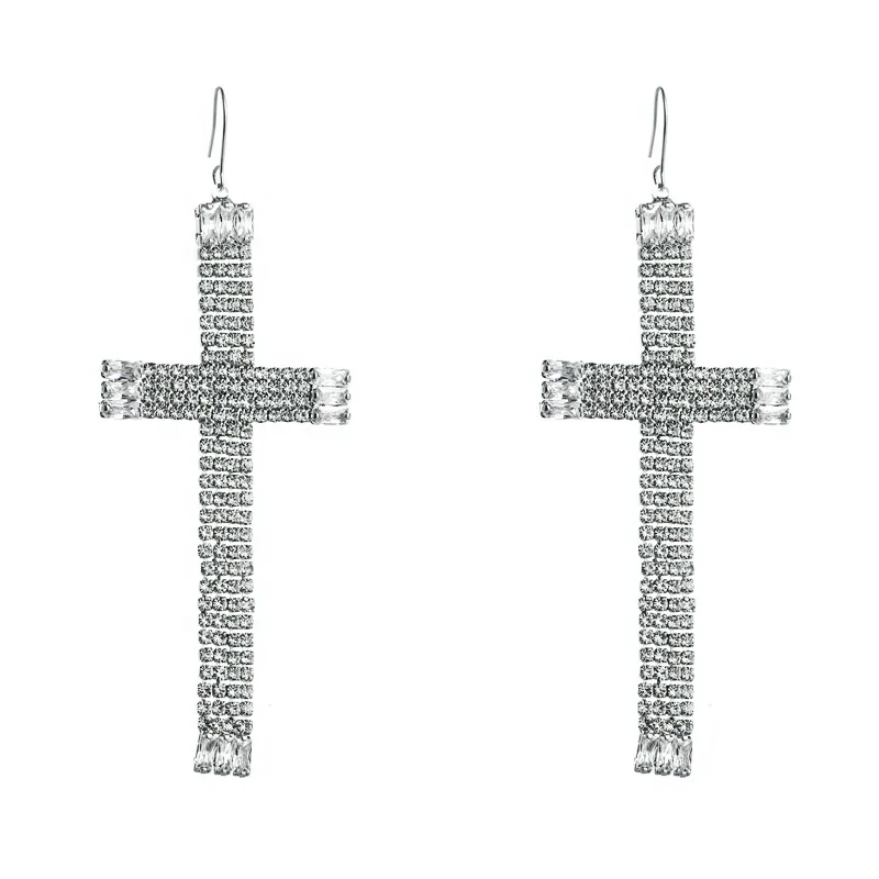 

Elegant Shiny Crystal Cross Charm Pendant Earrings Exaggerated Full Rhinestone Wedding Party Statement Dangle Earrings for Woman, Picture shows