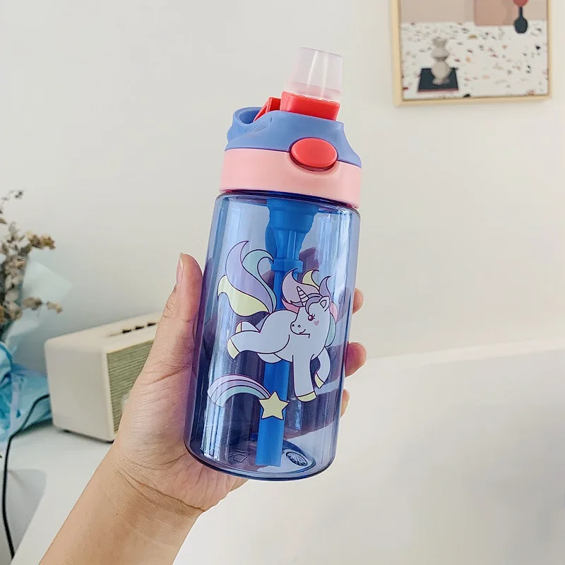 

Seaygift 2020 student portable cartoon straw water bottle 500ml cute kids plastic unicorn water bottle with handle for school, As picture