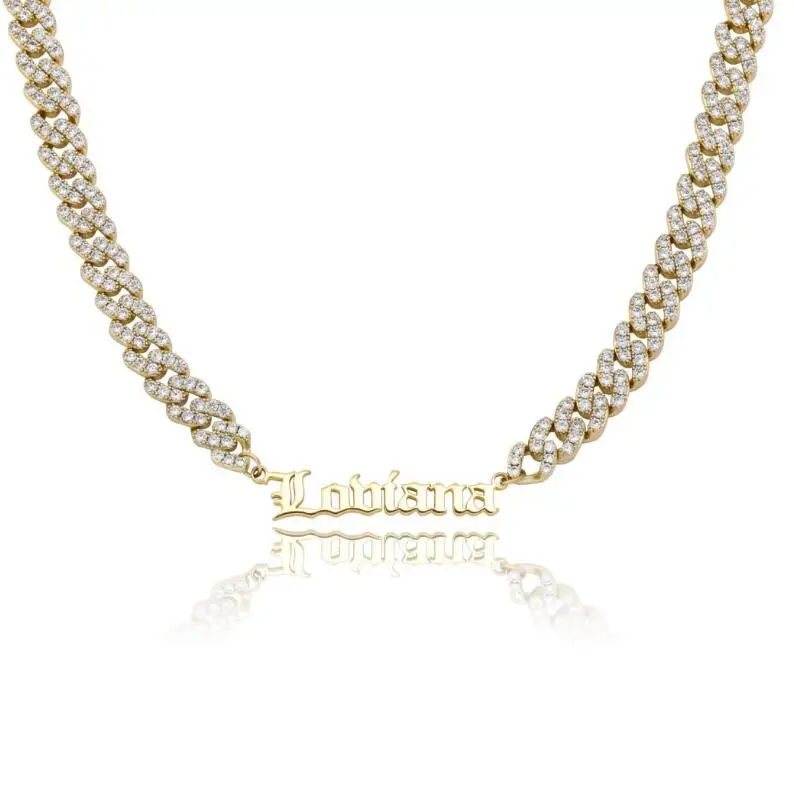 

Custom Old English Name Necklace Gold Plated Stainless Steel Initial Letter Pendant Iced Out CZ Diamond Cuban Link