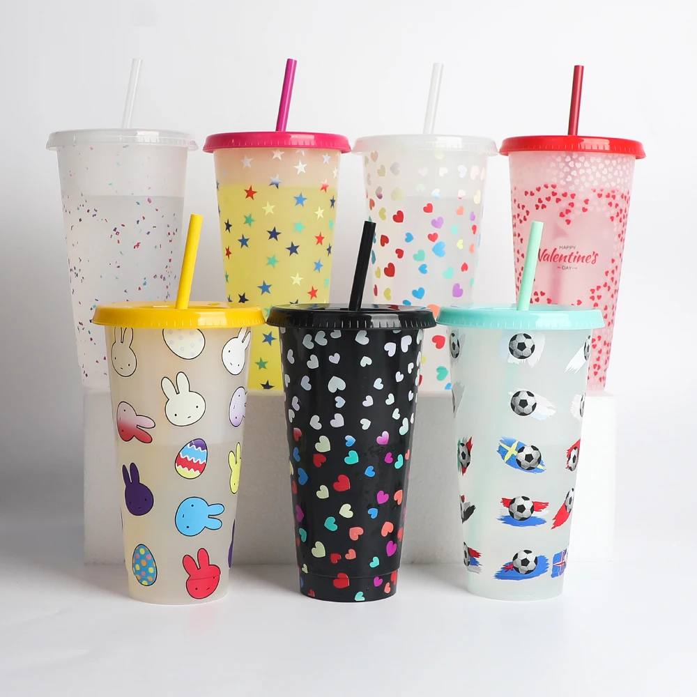 

Custom Logo Wholesale 16oz 24oz Hard Clear Tumbler Reusable Plastic Color Changing Cold Cups With Lid And Straw