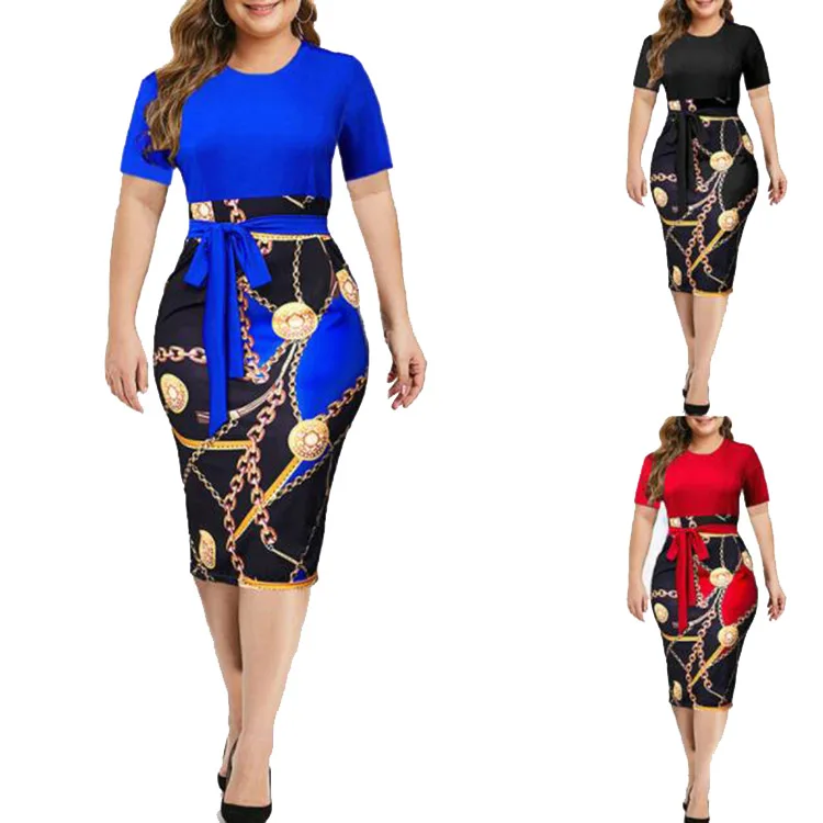 

Vintage Print Size S-5XL Knee-length Dress Womens Summer Short Sleeve Midi Elegant Dresses Summer Sexy High Waist Dress