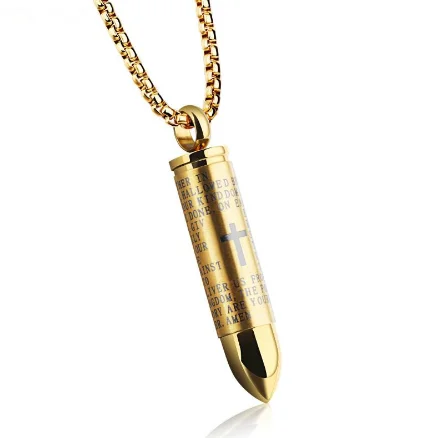 

Hot Sale Titanium Steel Necklace Can Be Unscrewed Bullet Pendant Gold Plated Cross Bible Engraved Mens Fashion Necklace