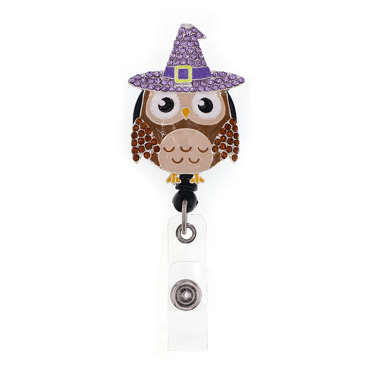 

Custom Cute Rhinestone Animal Owl Medical Nurse Badge Reels Retractable ID Badge Holder, Purple & brown