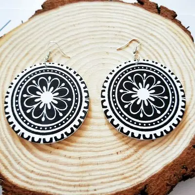 

New Arrival Personality Design Printed Ethnic Graphic Flower Wood Hook Earrings African Wooden Large Round Drop Earrings